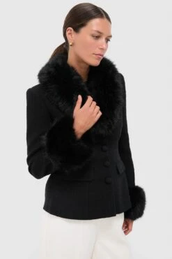SELF PORTRAIT Black Tailored Boucle Fur Jacket