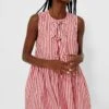 Ganni Barbados Cherry Stripe Cotton Mini Bow Tie Dress