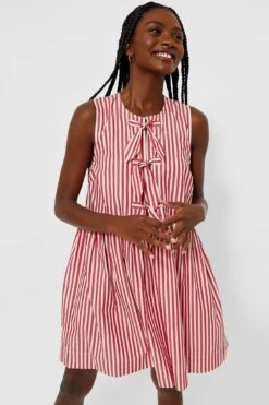 Ganni Barbados Cherry Stripe Cotton Mini Bow Tie Dress