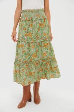 Mint And Orange Floral Smocked Odette Midi Skirt