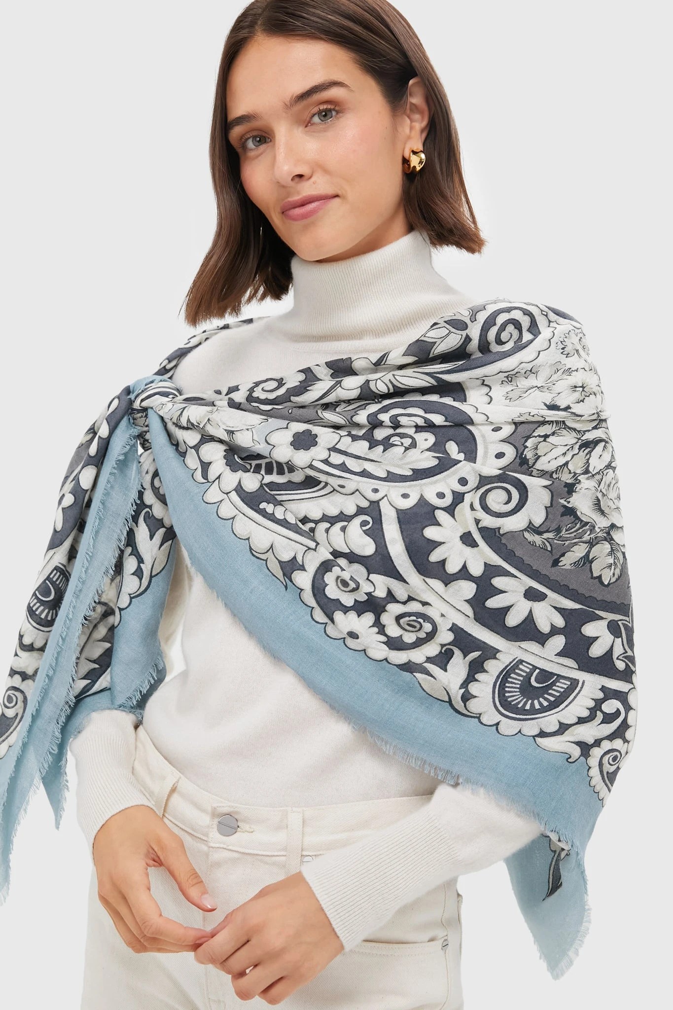 Blue Filigree Silk Cashmere Blend Large Scarf 5 Blue Filigree Silk Cashmere Blend Large Scarf - Image 3