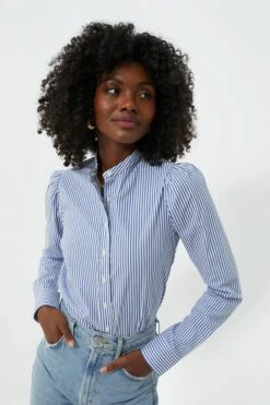 Blue And White Stripe Puffed Shoulder Shirt