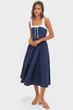 Navy Tie Detail Midi Dress