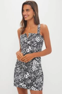 Black & White Denim Floral Gaia Mini Dress