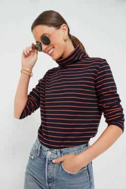 The Navy And Poppy Striped Turtleneck