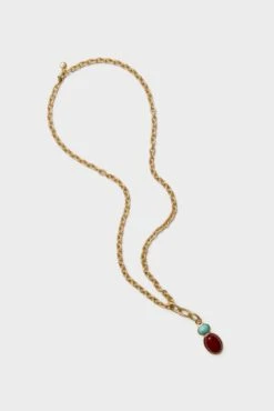 Shiny Gold, Turquoise And Carnelian Semi Precious Stone Necklace