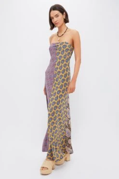 Earthy Patchwork Pietro Silk Maxi Dress