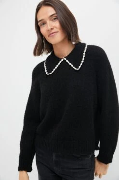 Black With Soft White Crochet Collar Pullover