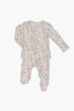 Dainty Floral Ruffle Front Zipper Footie 6-9M