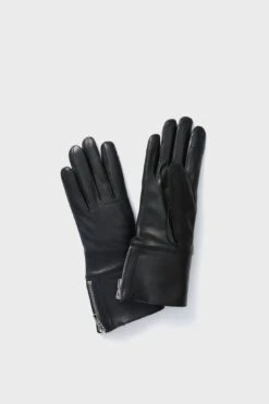 Black Touch Tech Leather With Shearling Cuff Gloves