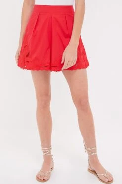 Red Poplin Wide Hem Shorts With Cut-Out Embroidery