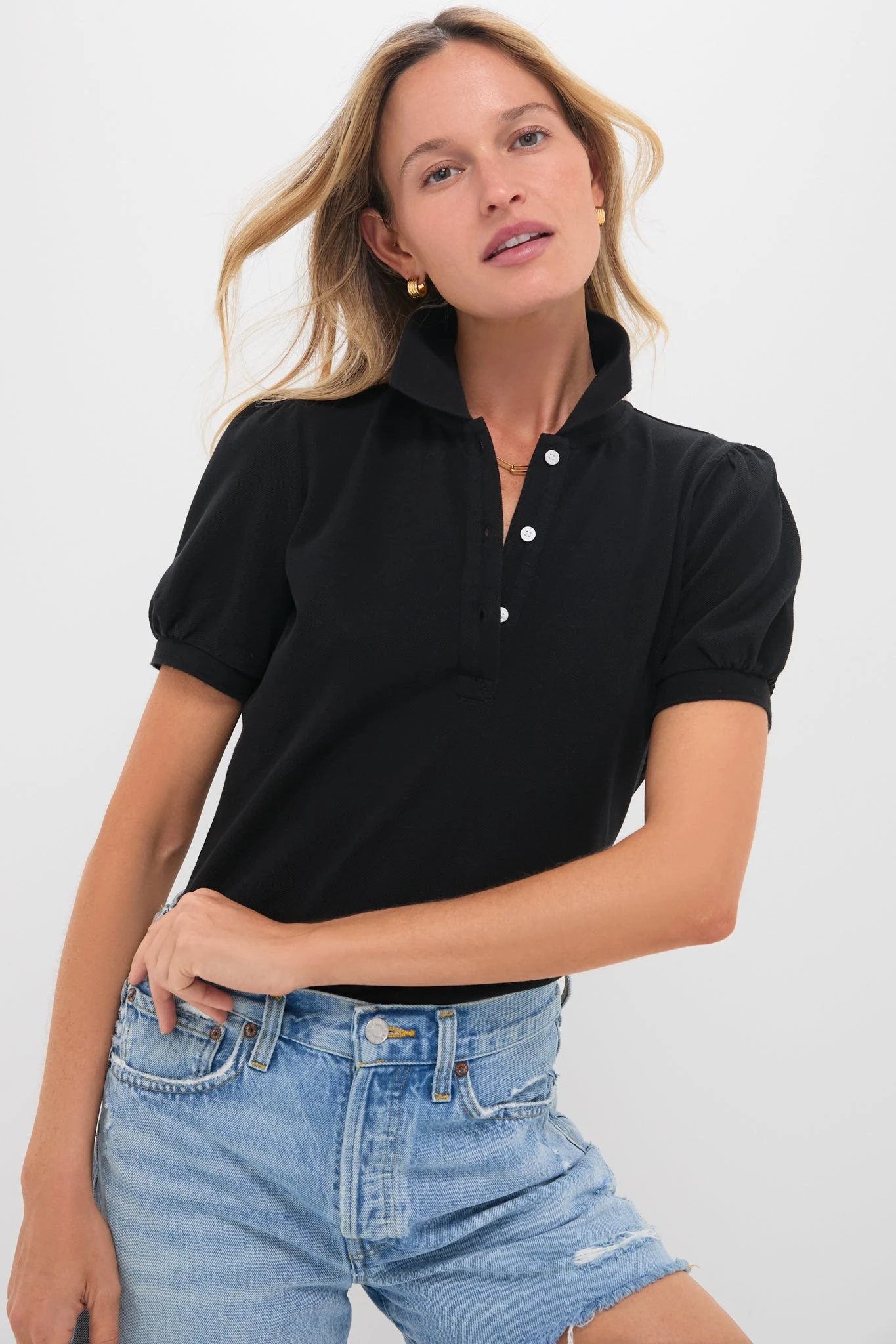 Black Pique Puff Sleeve Peggy Polo 3 Black Pique Puff Sleeve Peggy Polo
