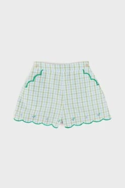 Maxwell Gingham Scallop Trim Embroidered Shorts In Green
