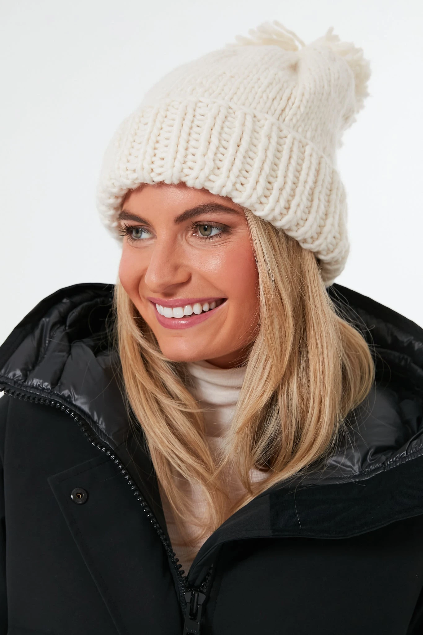 Ivory Hand Knitted Basic Pom Hat 4 Ivory Hand Knitted Basic Pom Hat - Image 2