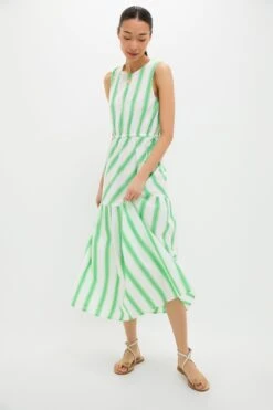 Green Stripe Bran Midi Dress With Tie
