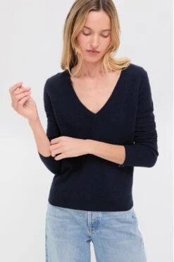 Navy Cashmere V-Neck Sweater