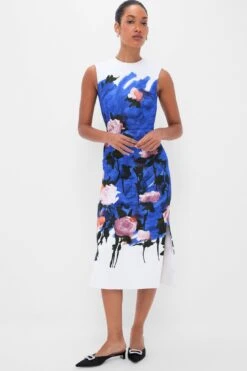 Erdem Brushstroke Rose Cobalt Blue Sleeveless Pencil Midi Dress
