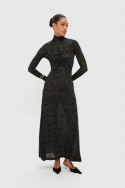 ULLA JOHNSON Desert Jasper Koa Jersey Ruched Front Turtleneck Dress