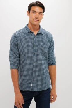 Marine Layer Navy Green Gingham Stretch Selvage Shirt