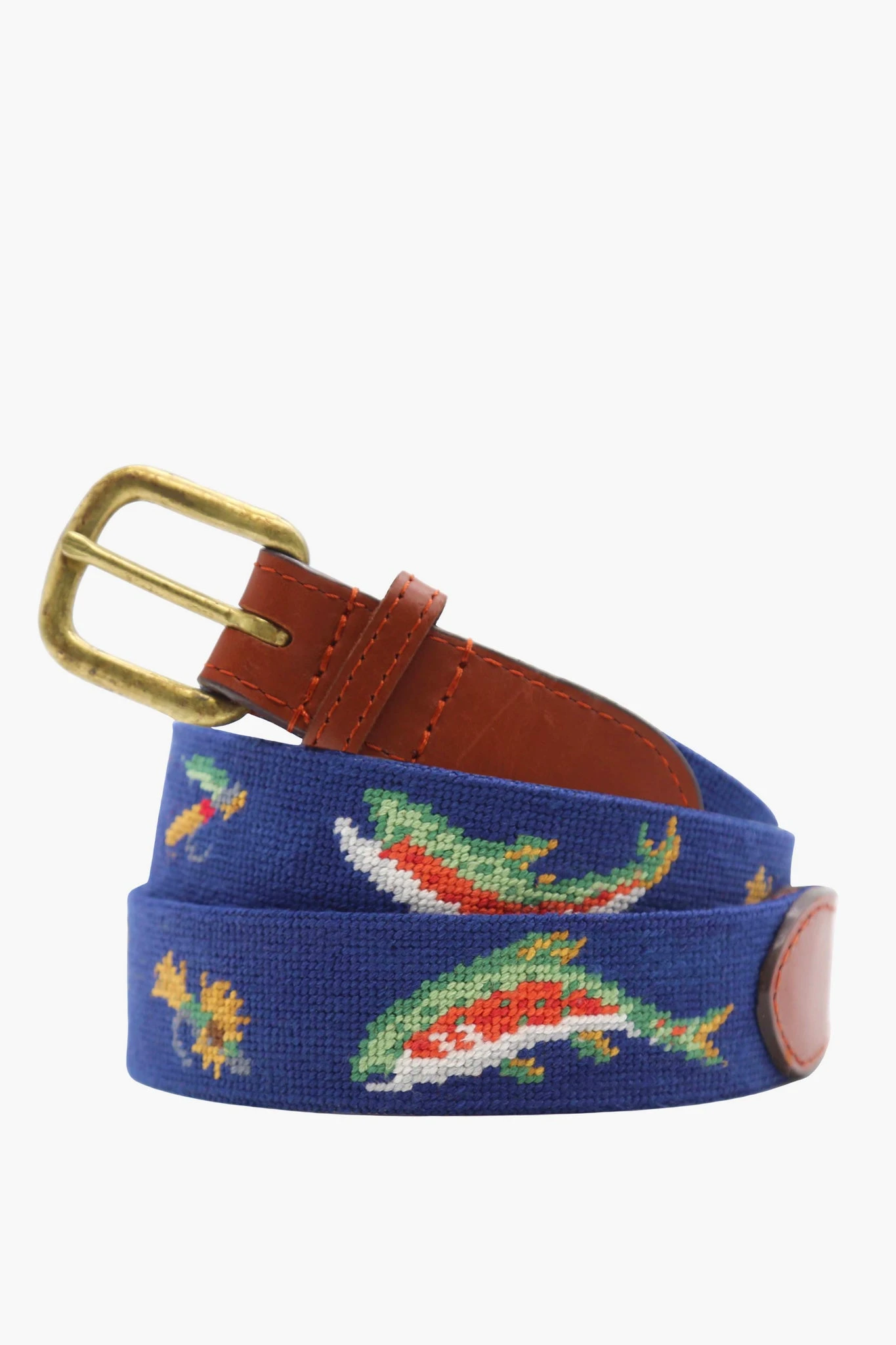 Navy Rainbow Trout And Fly Needlepoint Belt 3 Navy Rainbow Trout And Fly Needlepoint Belt