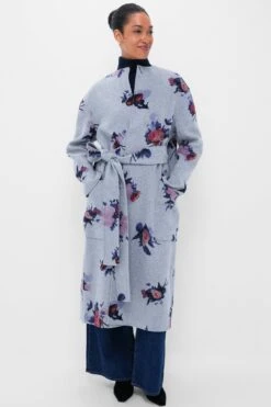 Erdem Painted Rose Grey Melange Oversize Belted Coat