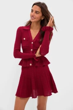 SELF PORTRAIT Burgundy Pointelle Knit Mini Dress