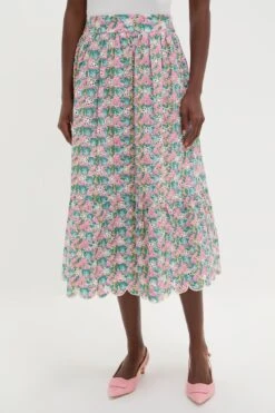 Pink Multi Floral Scalloped Eyelet Carter Midi Skirt